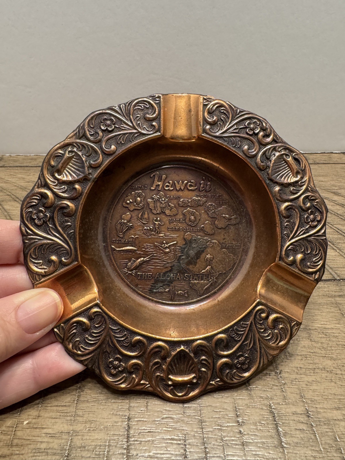 Vintage Copper Tone Metal Ashtray  Hawaii Collectible 