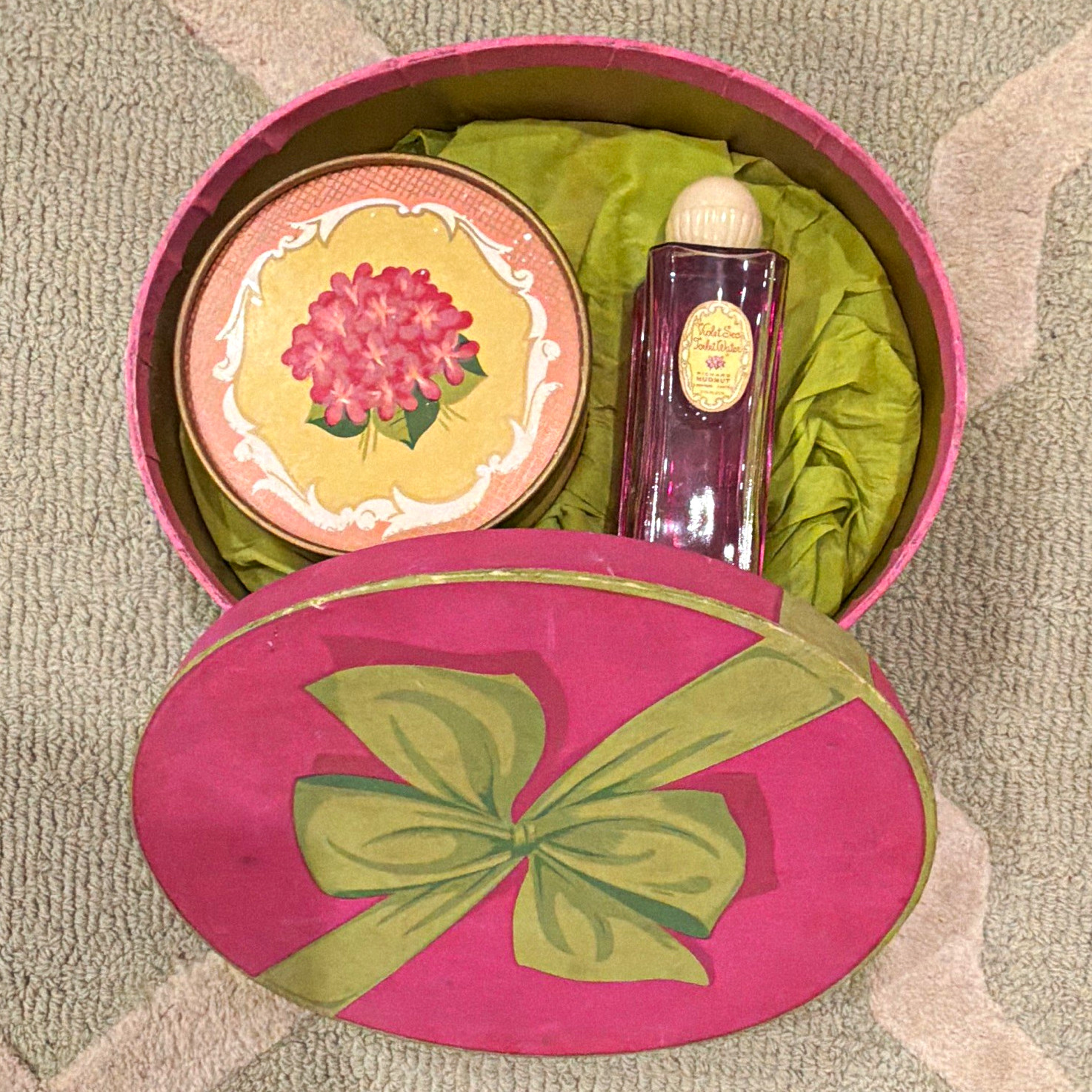 Rare 1910s Richard Hudnut Violet Sec Vanity Perfume Bottle & Powder Box Set