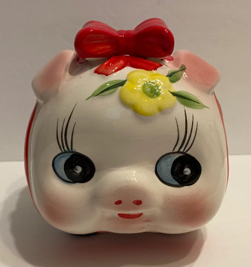 Cute Ceramic Pig W/Red Ribbon Coin Bank , 5.5”H