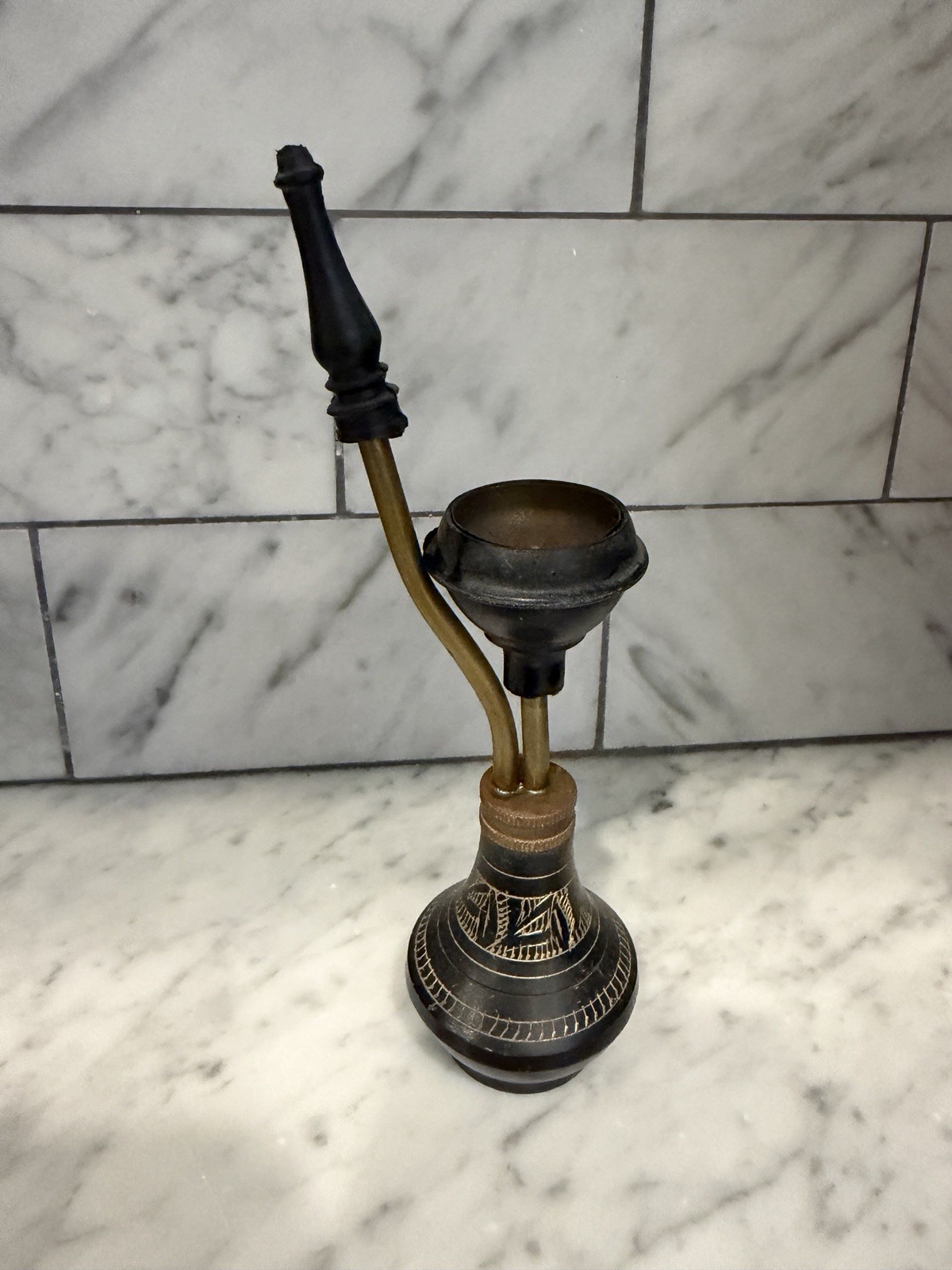 Vintage Brass Pocket Hookah Water Pipe India Etched Pipe Smoking Tobacco