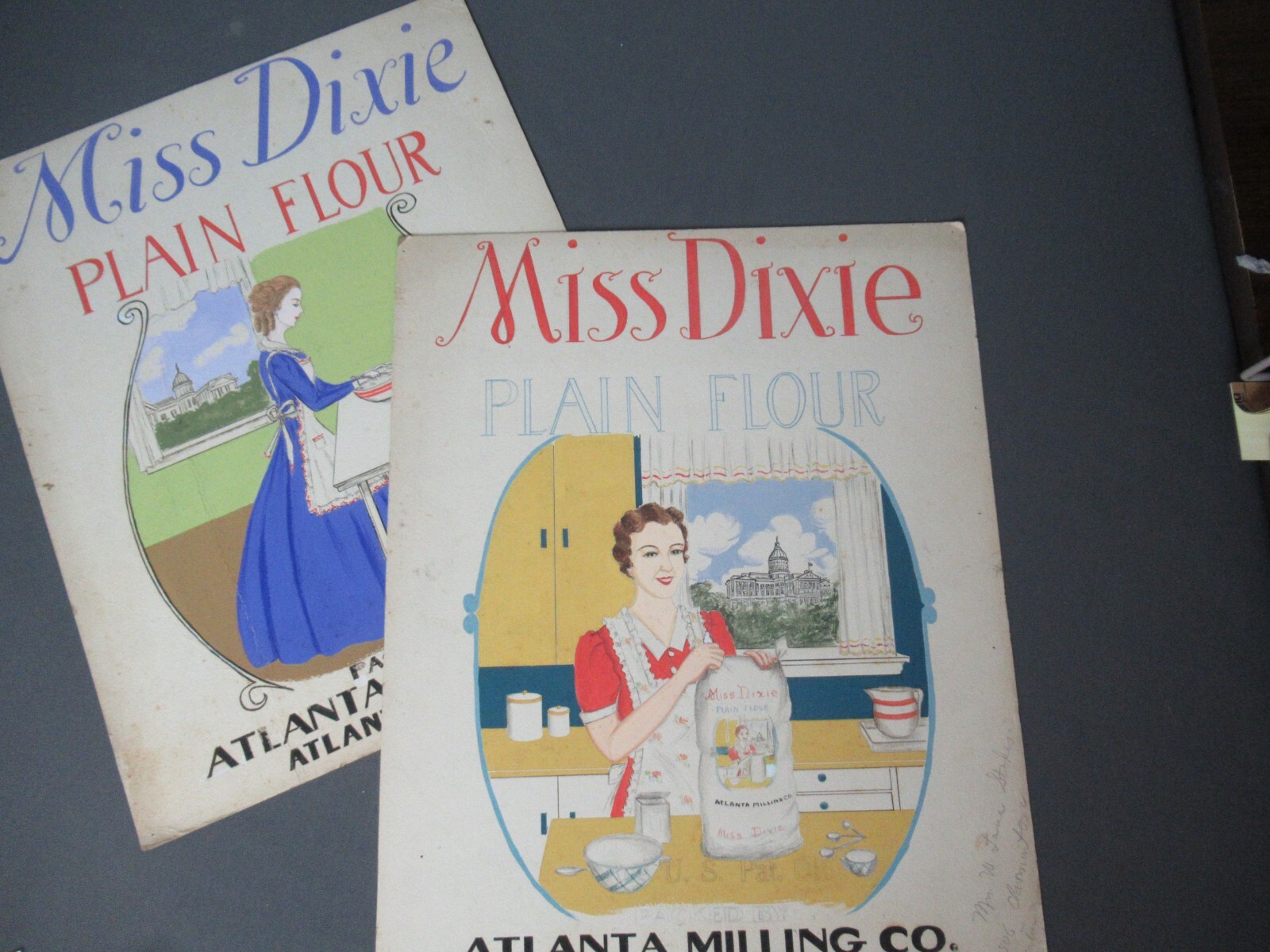 2 Hand Drawn Ads for Mix Dixie Plain Flour - Atlantic Milling Co - Signed -  174