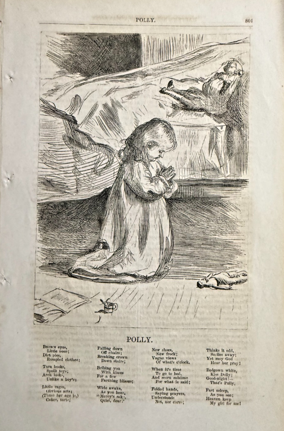 1864 Vintage Magazine Illustration Little Girl Kneeling By Bed Saying Prayers