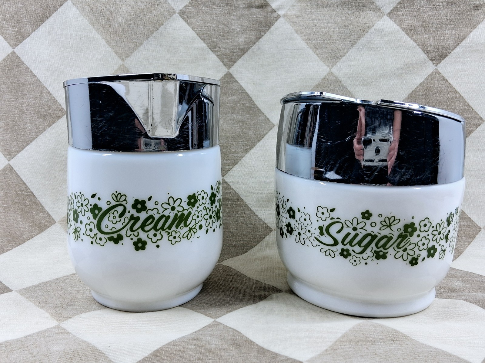Vintage GEMCO Sugar & Creamer Set Spring Blossom Crazy Daisy Green