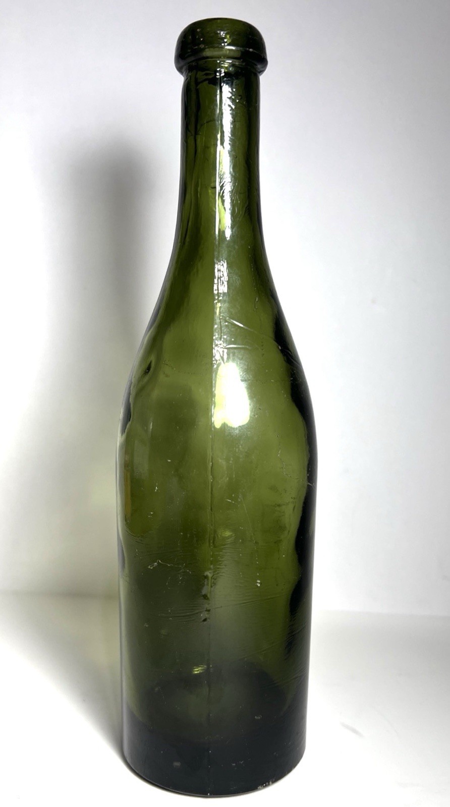 Antique Olive Green Thick Glass Spirits Bottle - 2 Piece Mold - 9.5”