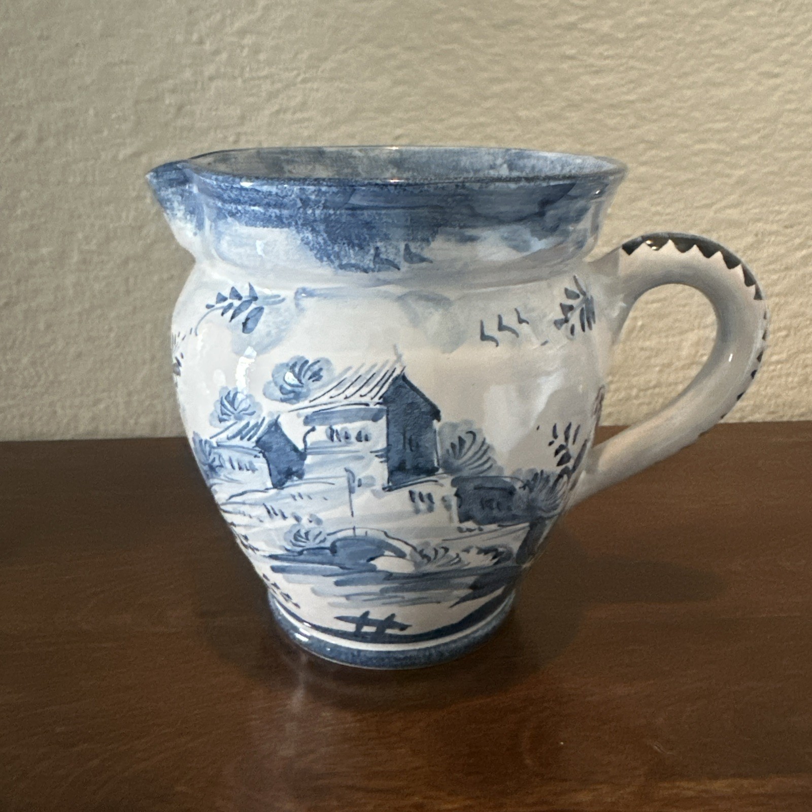 Vintage Majolica Ceramic Pitcher Blue And White Italy- G.M. Albisola