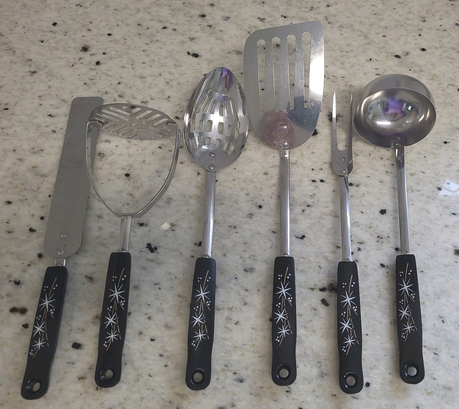 Vintage Ecko Ebony Atomic Starburst Kitchen Utensils Set of 6 Stainless