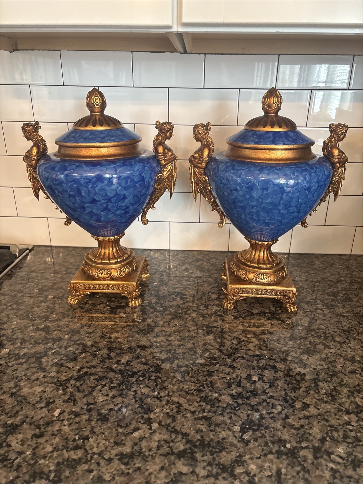 Toscano Berkshire Hall Sculptural Urn vibrant Blue Marbled Finish Ornate Handles