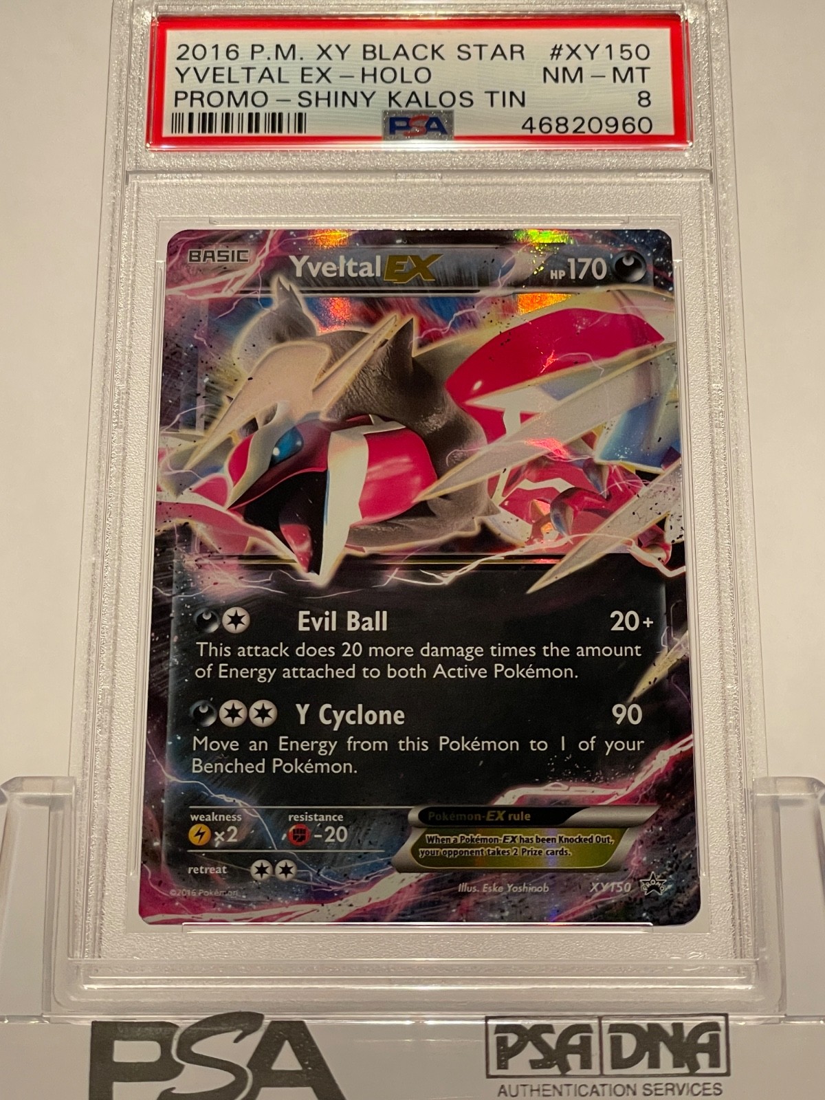 2016 POKEMON XY BLACK STAR PROMO YVELTAL EX - HOLO #XY150 SHINY TIN PSA 8 NM-MT