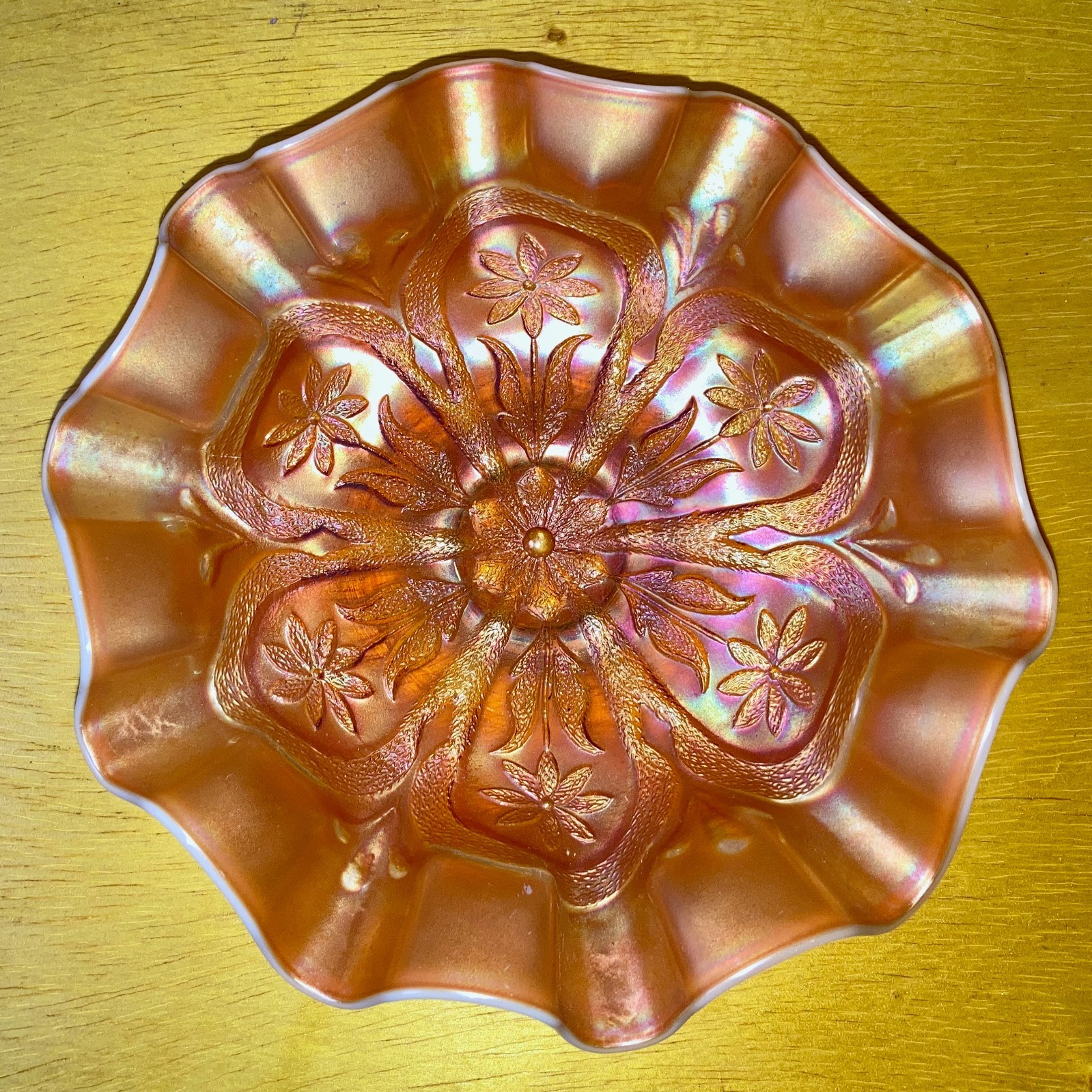 Dugan Peach Opalescent Flower & Frame Carnival Glass Bowl Footed Marigold Dugan Peach Opalescent Flower & Frame Carnival Glass Bowl Footed Marigold