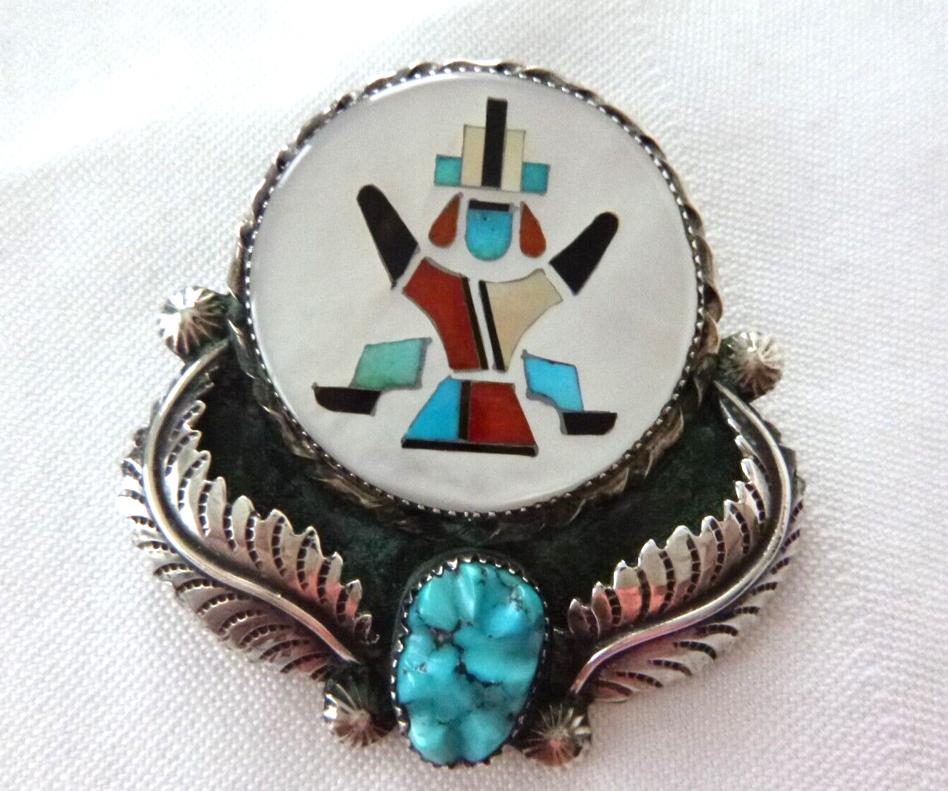 Vnt Zuni FLORENTINE PANTEAH Multi-stone Inlay Pin-Pendant 925 Sterling Silver Vnt Zuni FLORENTINE PANTEAH Multi-stone Inlay Pin-Pendant 925 Sterling Silver