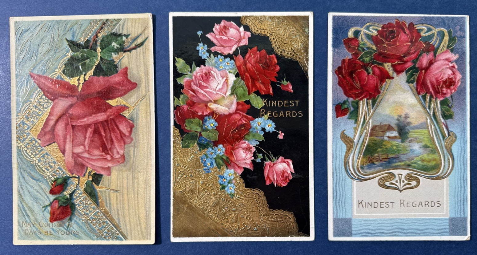 Strong Gold Trim 3 Greetings Antique Postcards. EMB. PUBL: Barton & Spooner