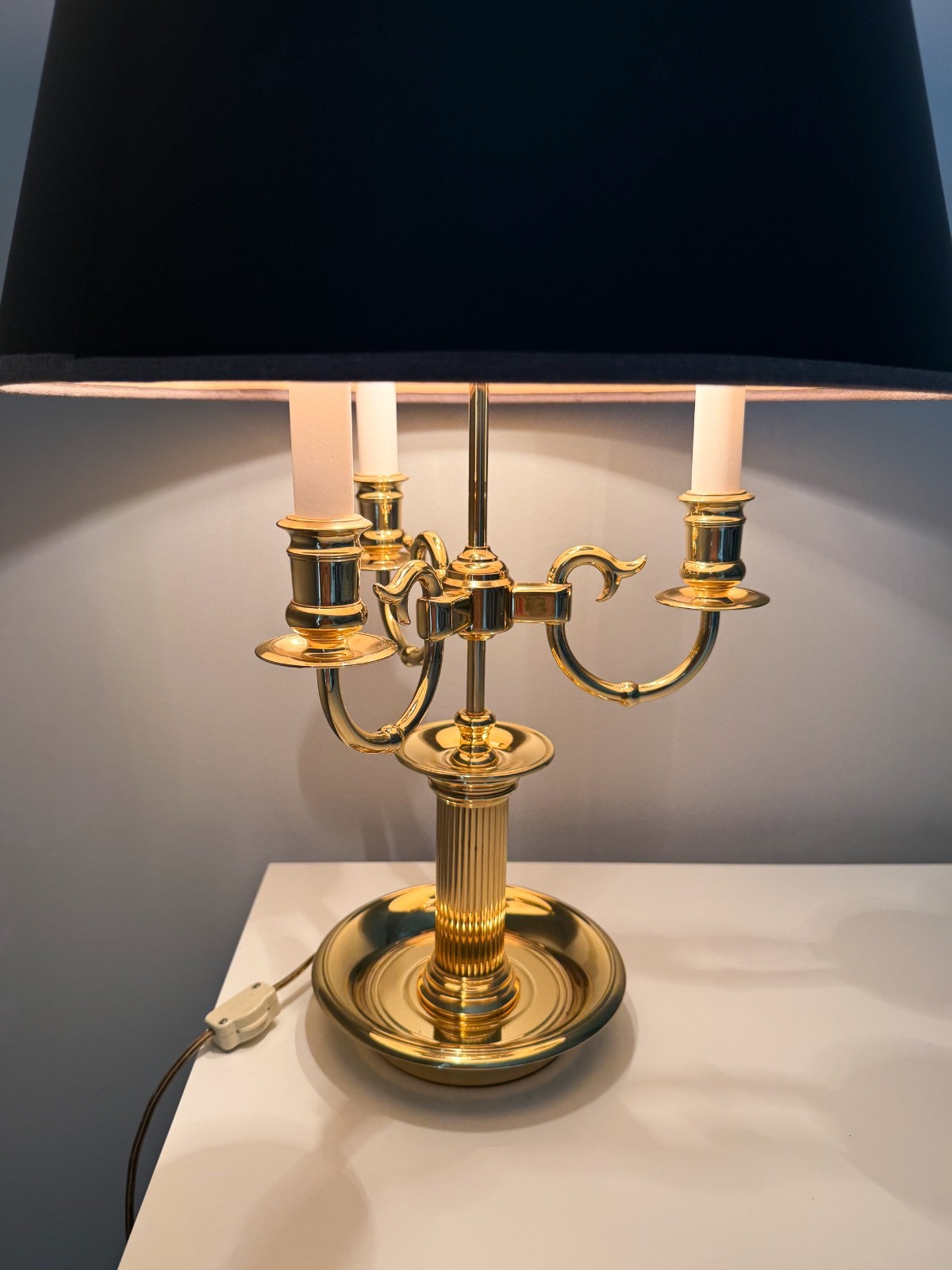 Vintage Baldwin Solid Brass 3 Arm Serpentine Bouillotte Lamp Black Shade