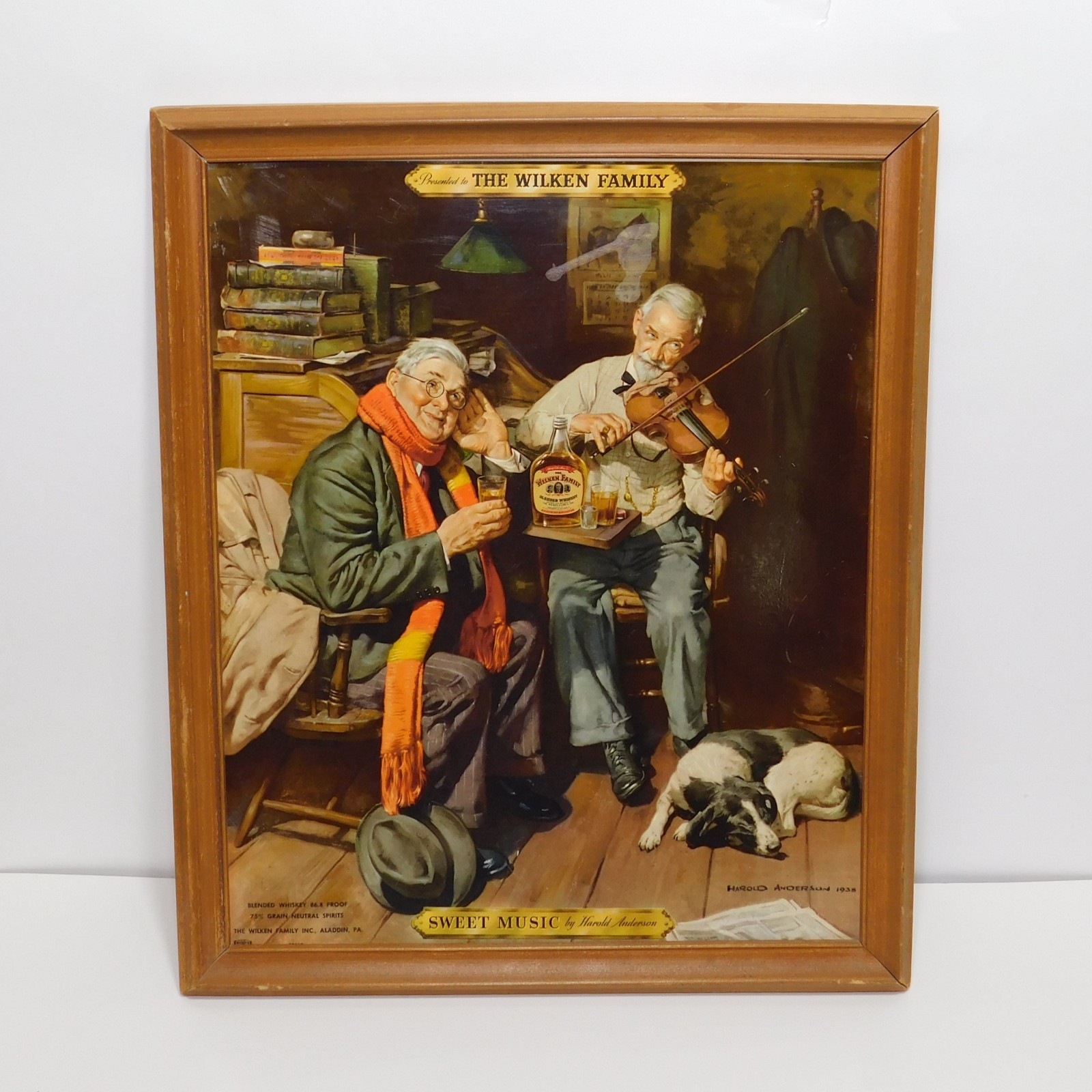 Vintage 1938 Sweet Music Wilken Family Whiskey Hy-Glo Plaque Bar Tavern Sign