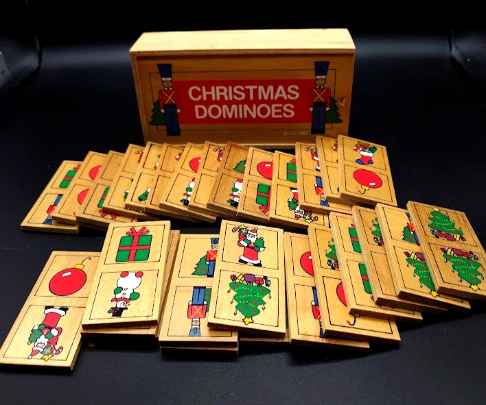Vintage 1992 Lillian Vernon Wooden Christmas Dominoes Complete Holiday Set