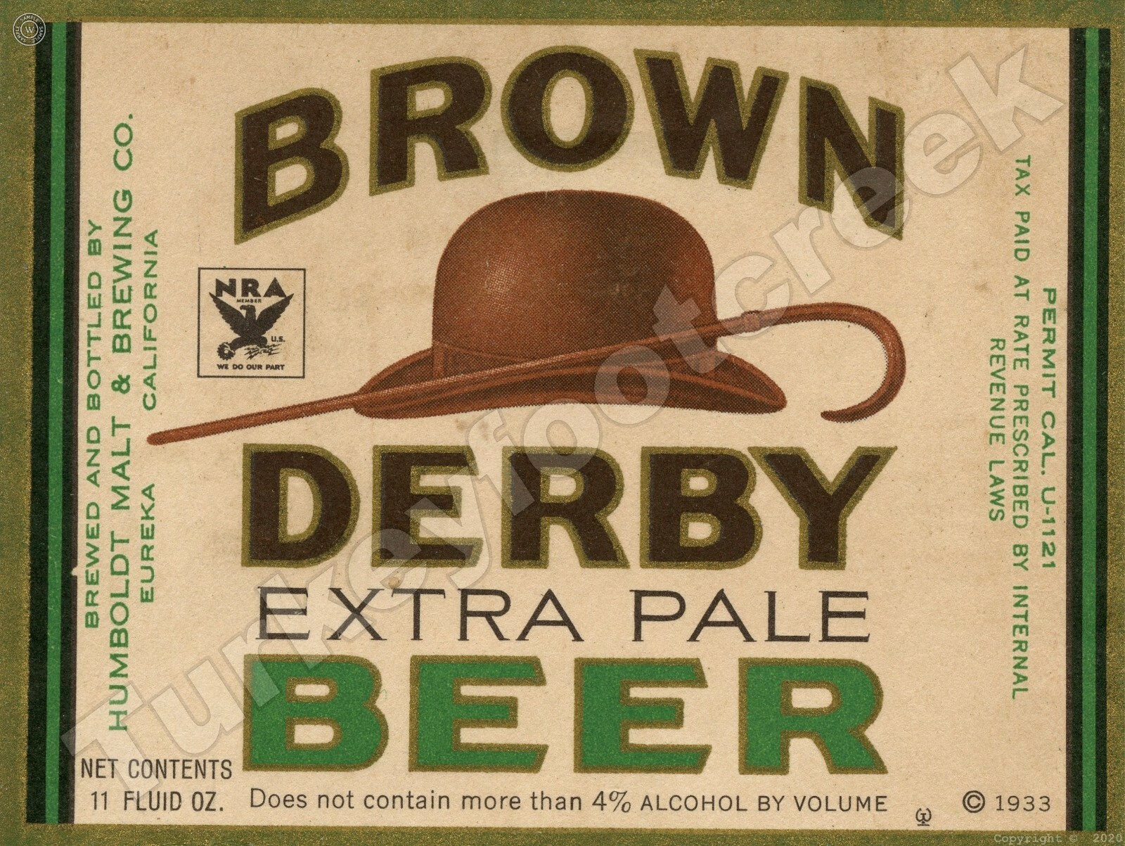 1933 BROWN DERBY EXTRA PALE BEER LABEL 9\
