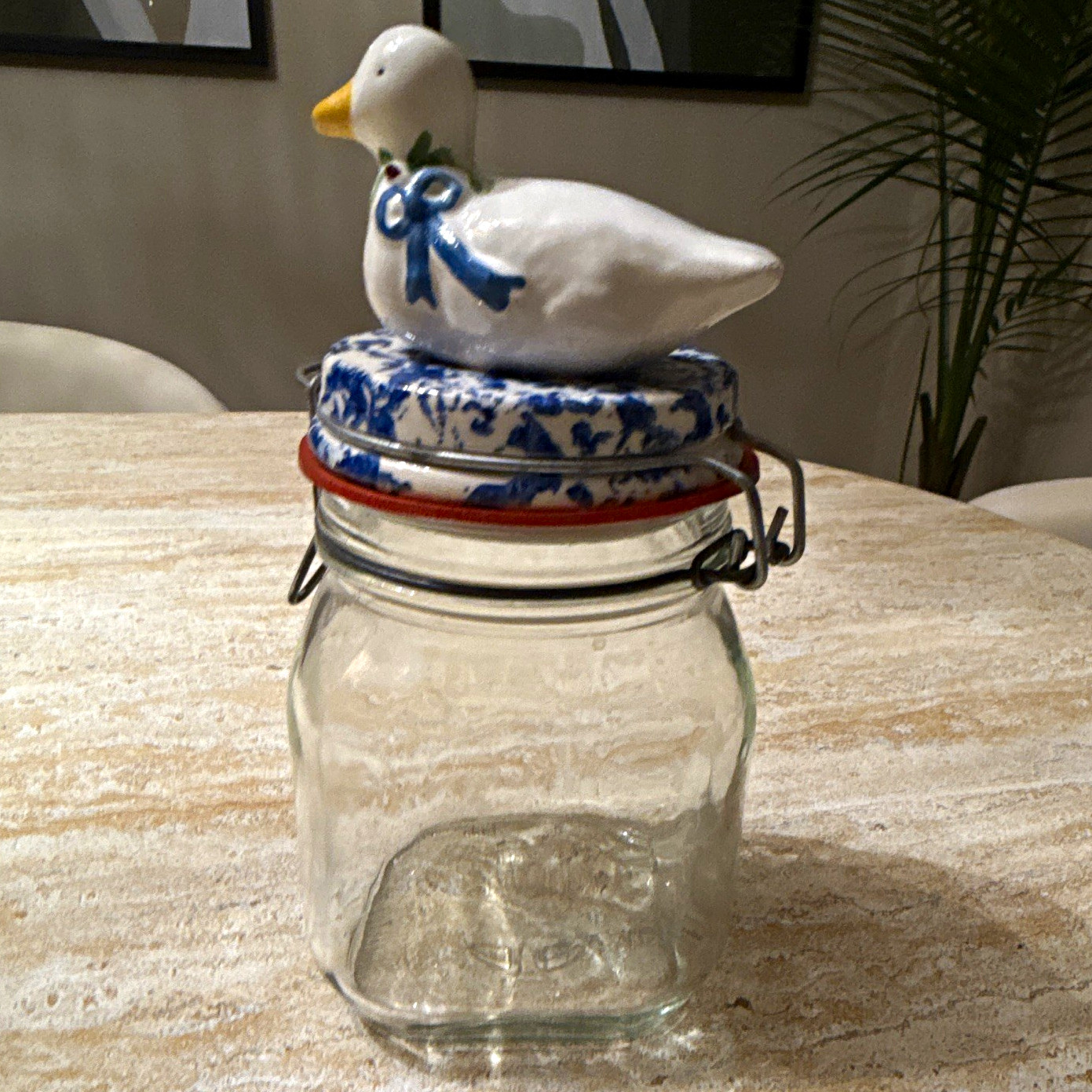 Kilner Square Clear Glass Canning Jar Floral Pattern w/ Ceramic Duck Lid England