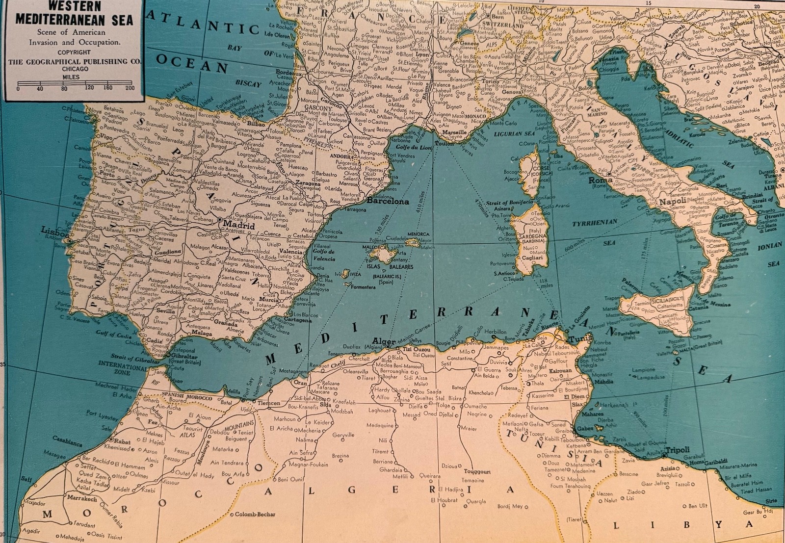 Vintage 1945 WORLD WAR 2 ERA SPAIN, PORTUGAL, Mediterranean MAP 