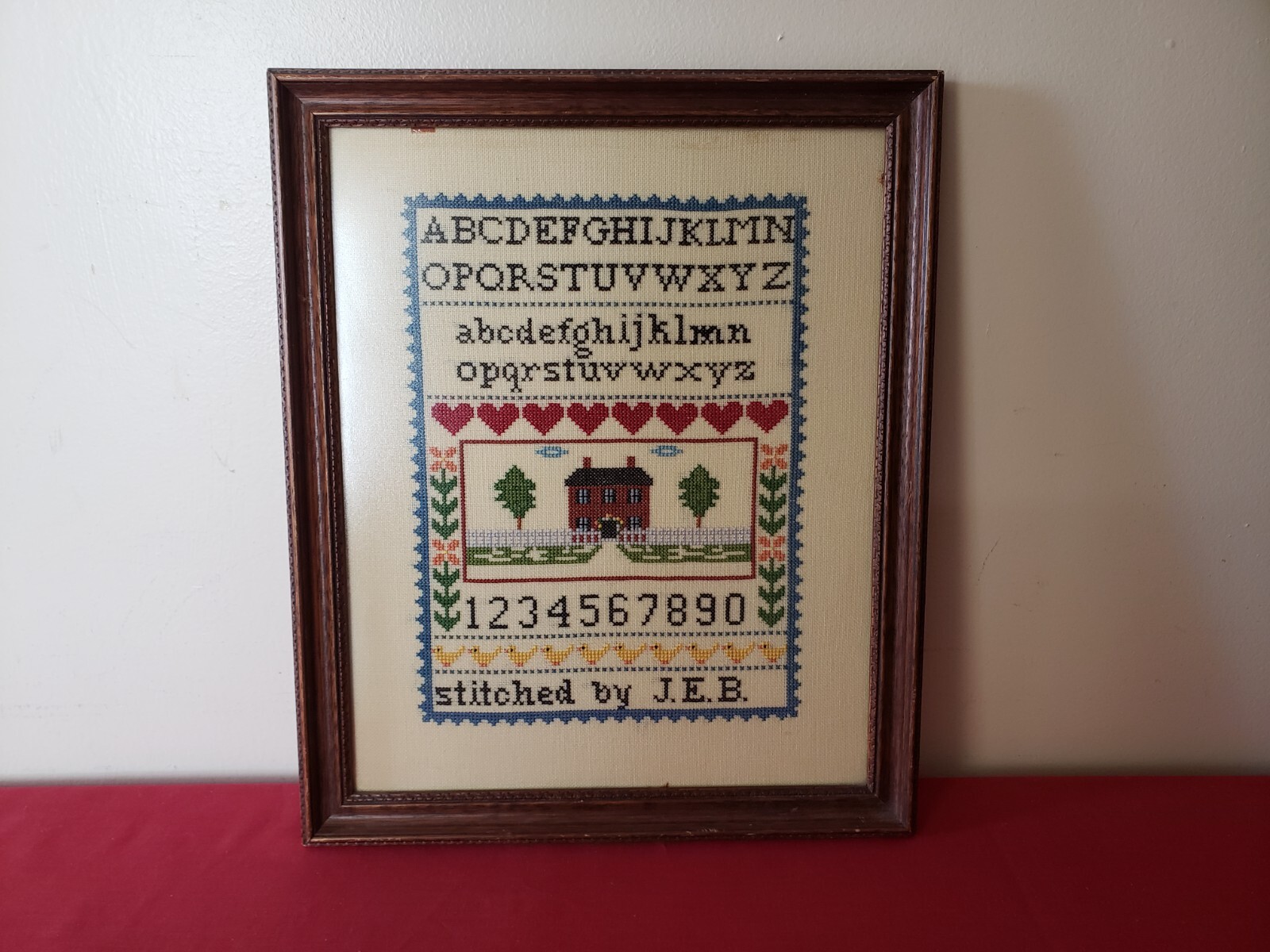Vintage School Sampler Stitched by J.E.B.  - Cross Stitch Framed