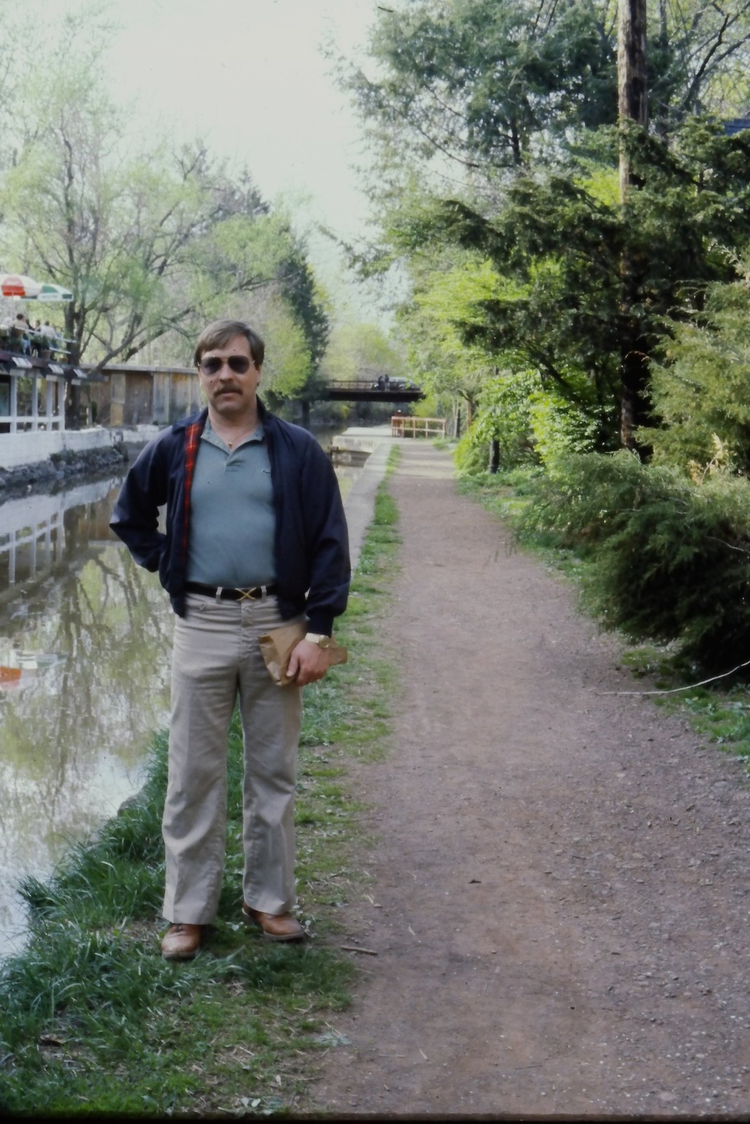 c1980's 35mm Slide, Man Canal Towpath Bridge Trees Spring polo green Boat Wooden