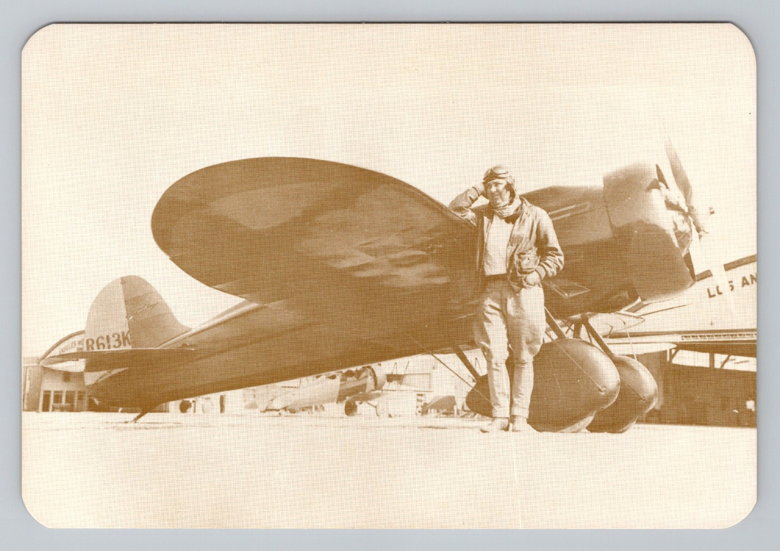 Postcard Van Nuys CA Pancho Barns Prop Aircraft Woman Speed Record 1930 Reprint