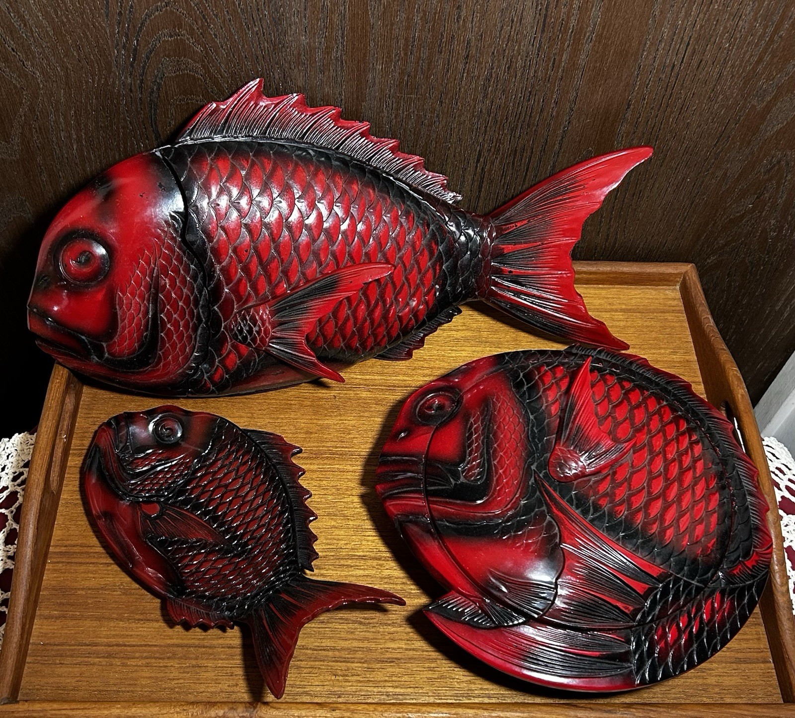 5 PC Antique Japanese Red Lacquer Wood Fish Boxes Handcrafted Japan Lacquerware