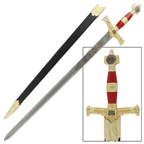 KING SOLOMON MEDIEVAL TEMPLAR CRUSADER REPLICA LONGSWORD- RED FANTACY SWORD