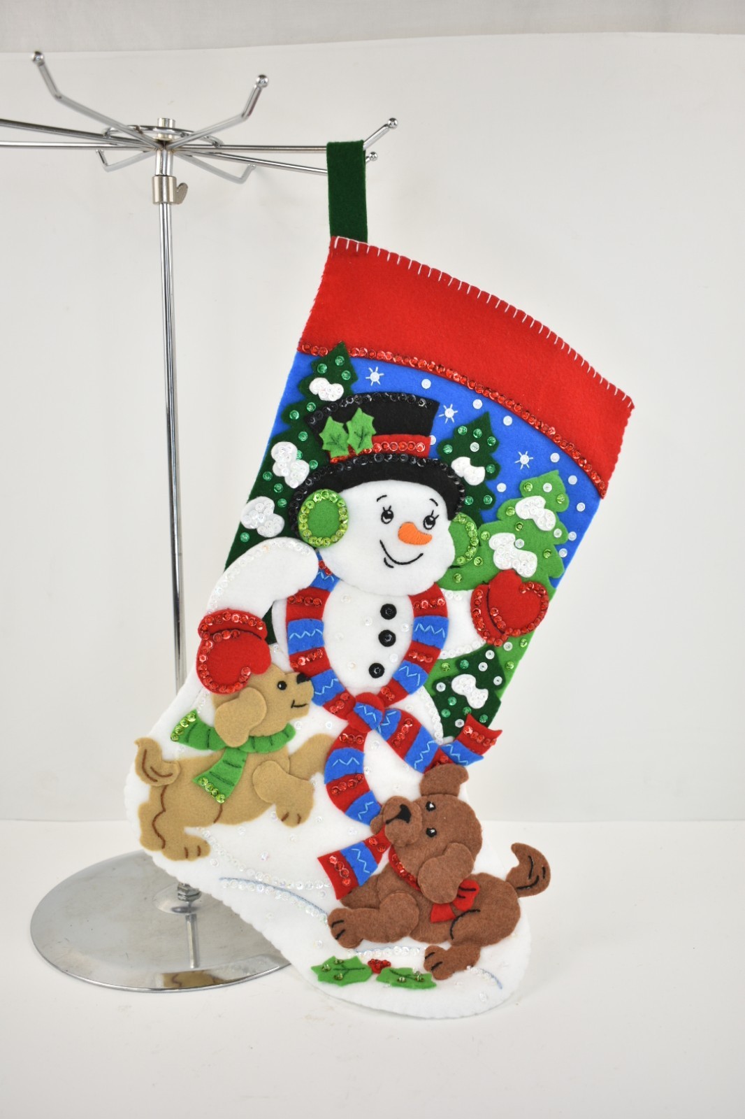Sequence Christmas Stocking 18” Snowman and Puppies Felt Completed Bucilla