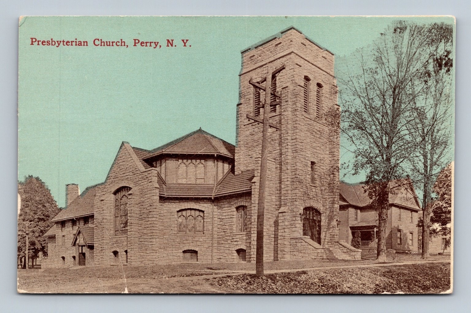 Perry NY Presbyterian Church 1938 Postmarked Litho Postcard