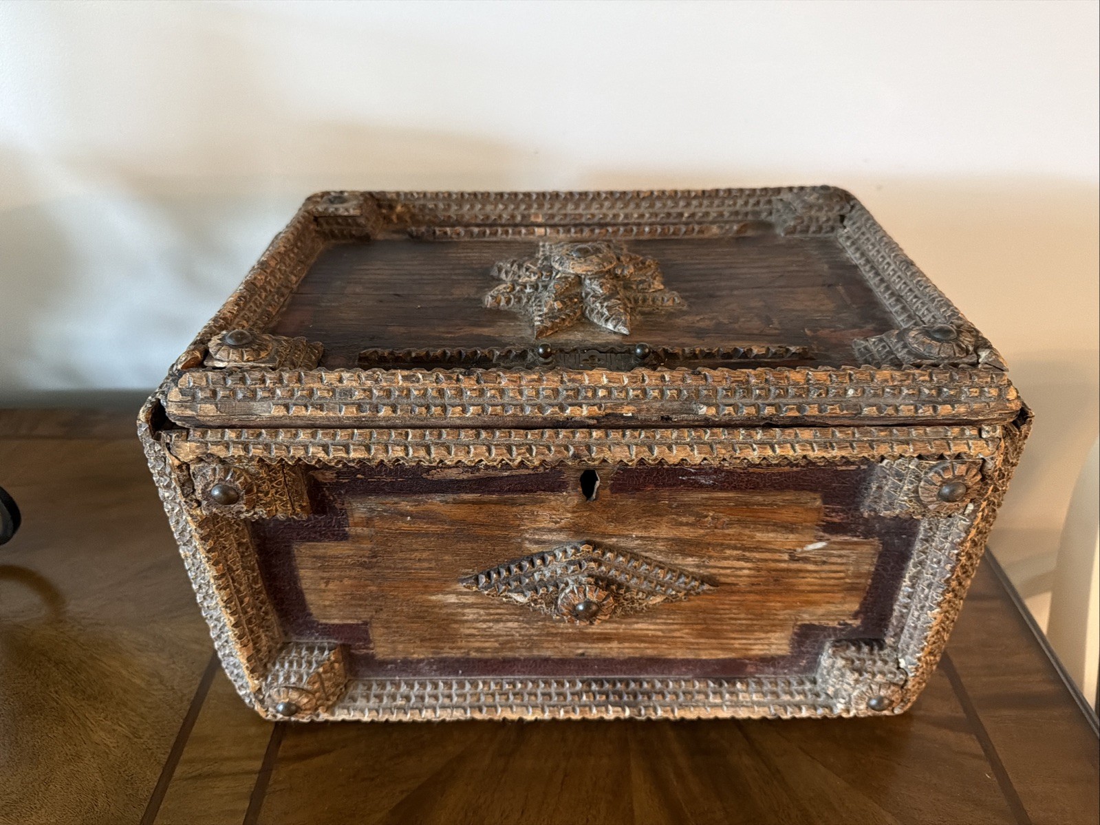Antique hand-carved Wooden Tramp Art Dowery Style  storage or keepsake box