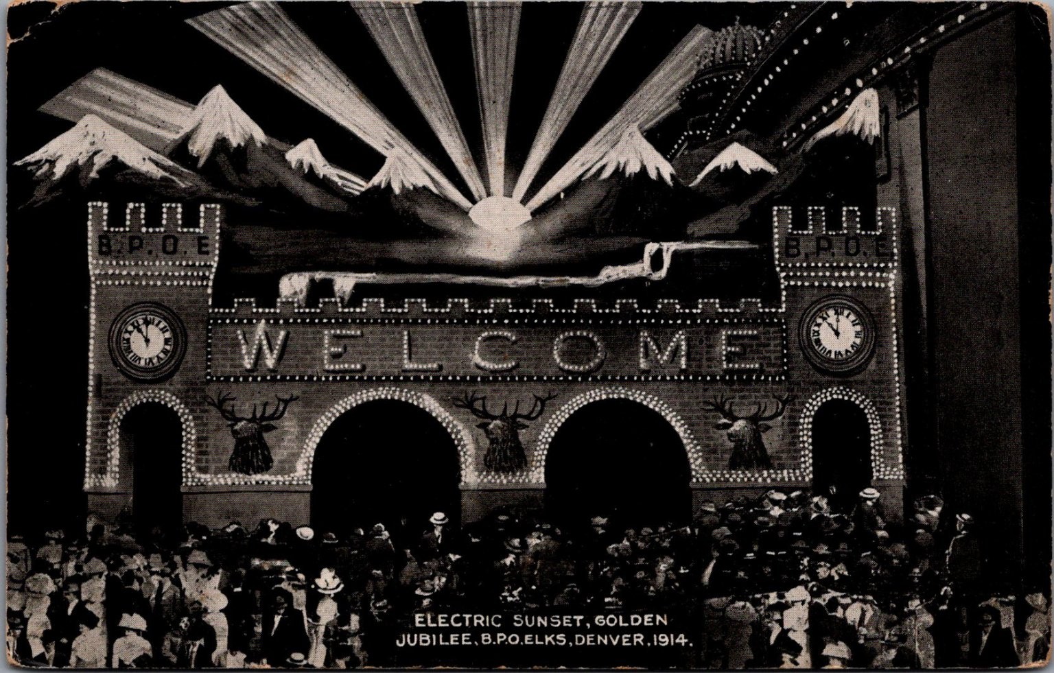 1914 Denver Elks Golden Jubilee Electric Sunset Welcome Postcard RPPC