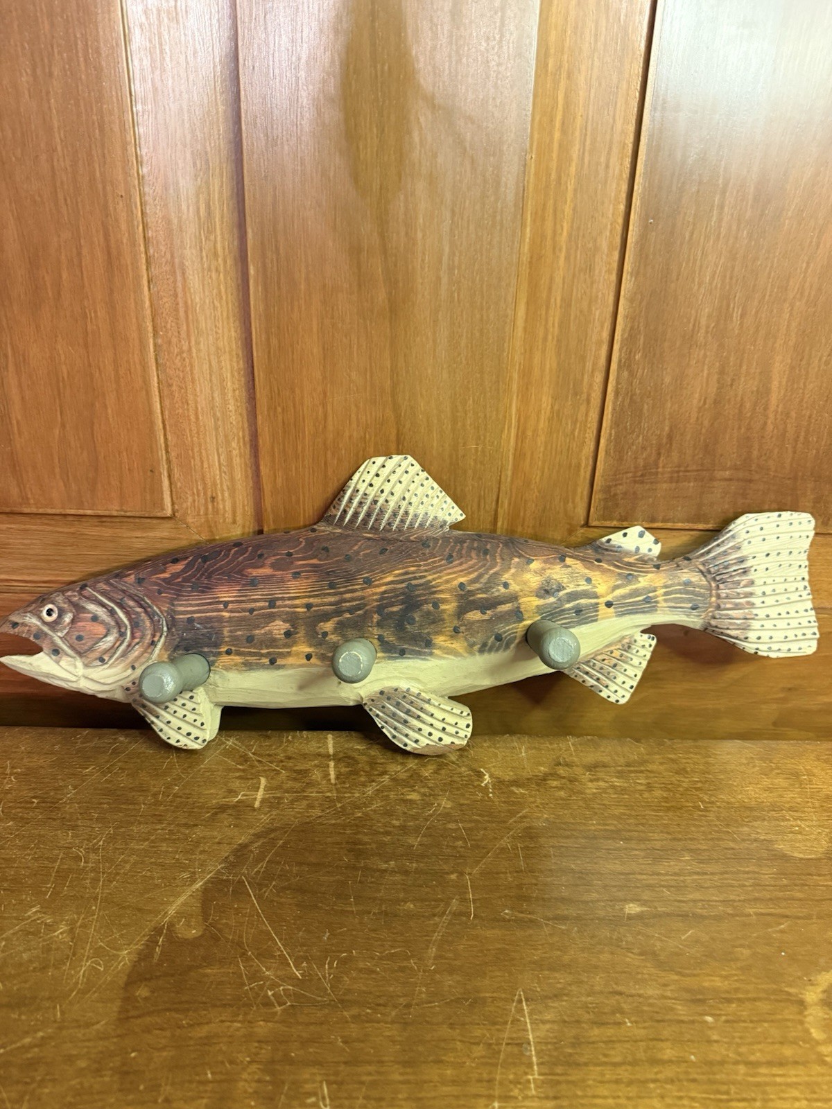 Wood Carved Painted Rainbow Trout Wall Hanger With Knobs