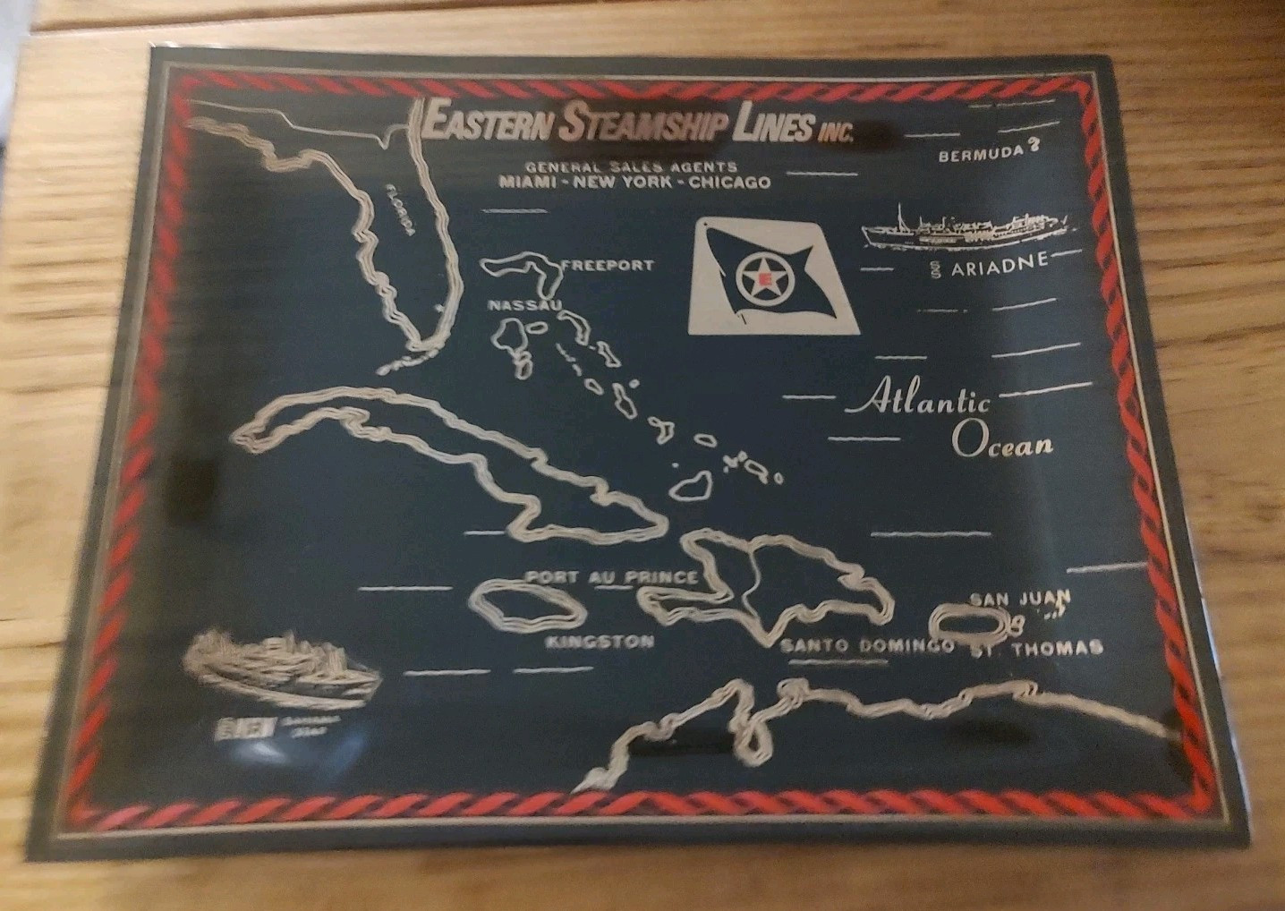 VTG RARE EASTERN STEAMSHIP LINES NEW SS BAHAMA STAR & SS ARIADNE GLASS DISH TRAY
