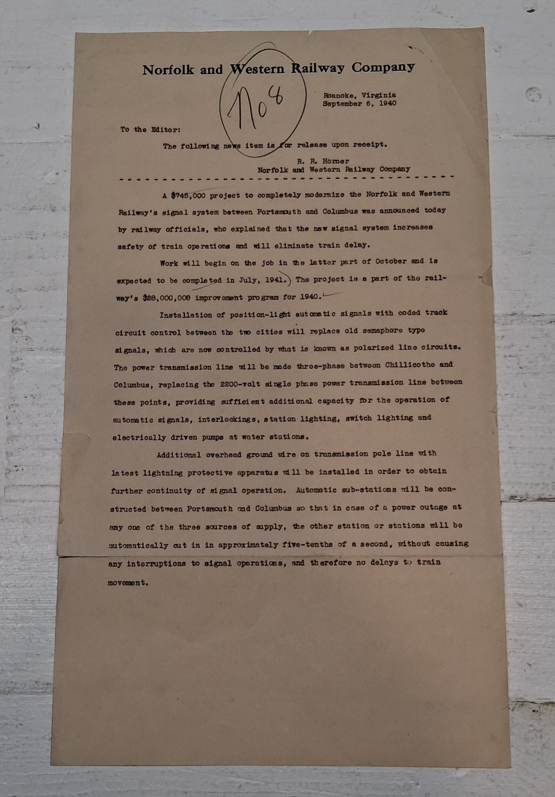 Vintage 1940 N&W Norfolk & Western Railway 8x14 News Release Proof RR Horner