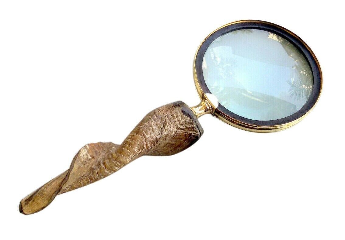 Inspection Antique Magnifying Glass Brass Magnifier Goat Horn Handle Reading