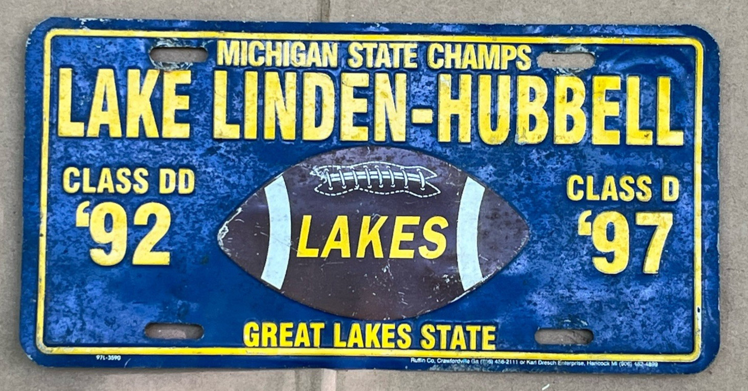 lake linden hubbell michigan state champs football booster license plate yooper