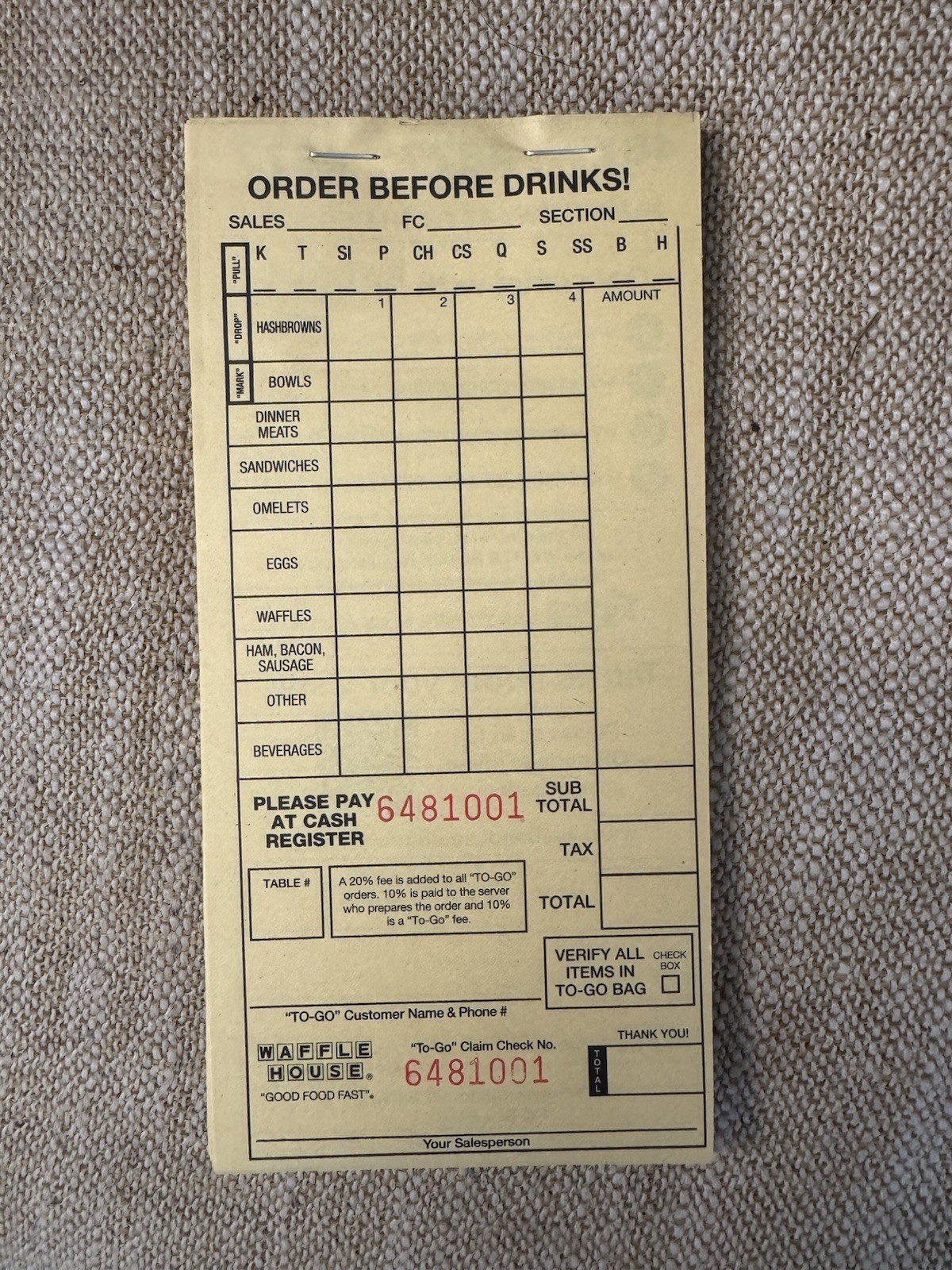 Official Waffle House Ticket Book (Real, Used In Restaurants) 50 Tickets & Extra