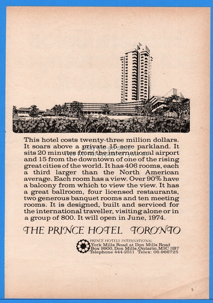 1974 Prince Hotel Toronto ON Opening June Don Mills Rd $23M 406 Rooms Art Ad