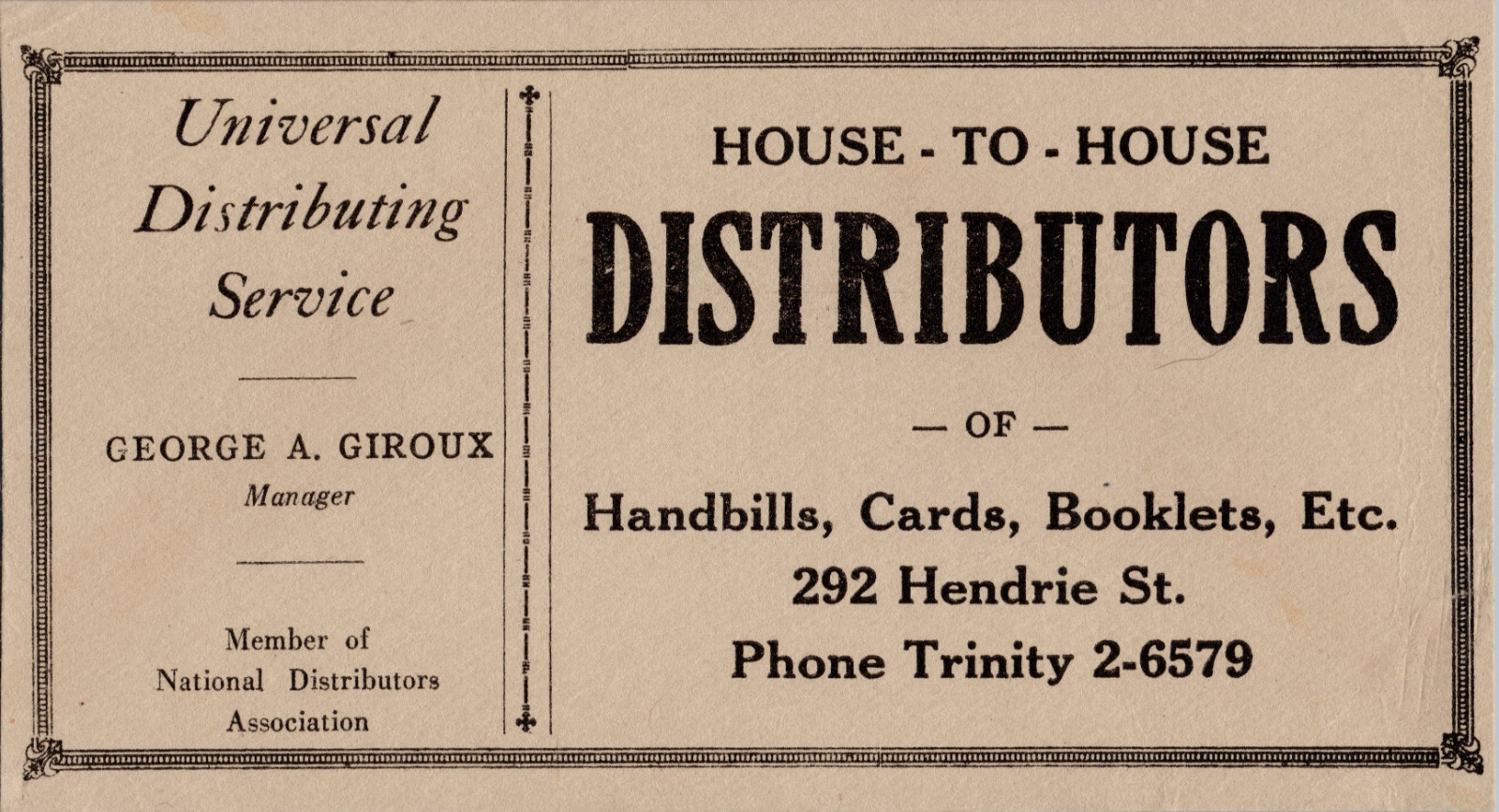 Vintage 1940s House to House Distributors Advertising Card - Atlanta