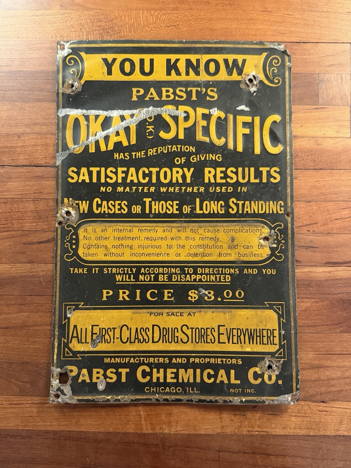 Antique Pabst Chicago Pabst Okay Specific Elixir Embossed Tin Sign Patent AR FL