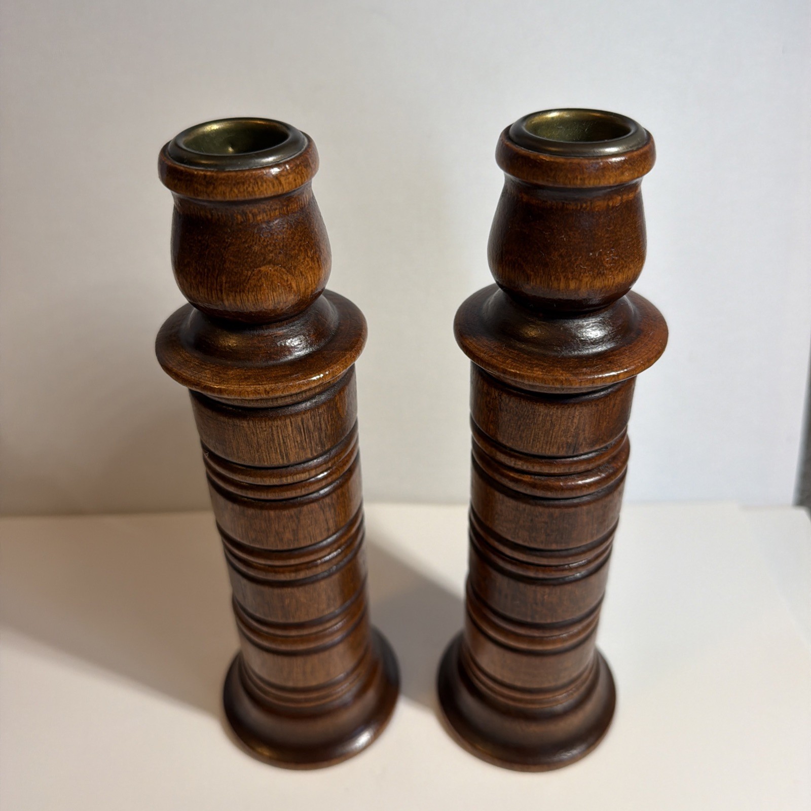 Pair of Vtg Mid Century Modern Wood Napkin Ring Candlestick Holders 8”hx21/2”w 