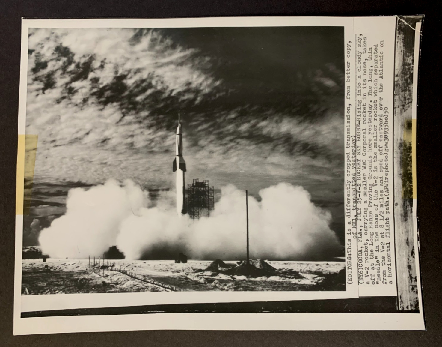 Vtg AP Wire Photo Cocoa, Florida V-2 Rocket SKY BORNE July 25, 1950