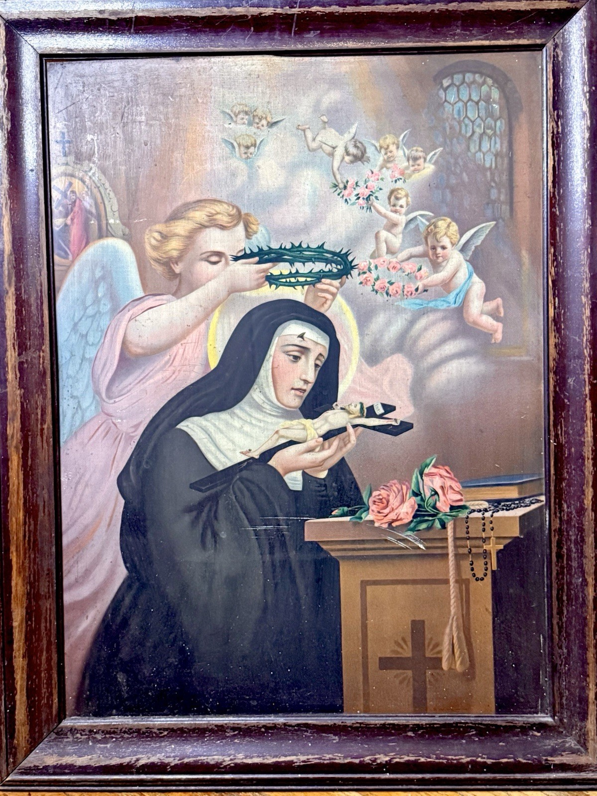 Antique Spanish Retablo St. Catherine Of Siena Painted Tin Roman Catholic Icon
