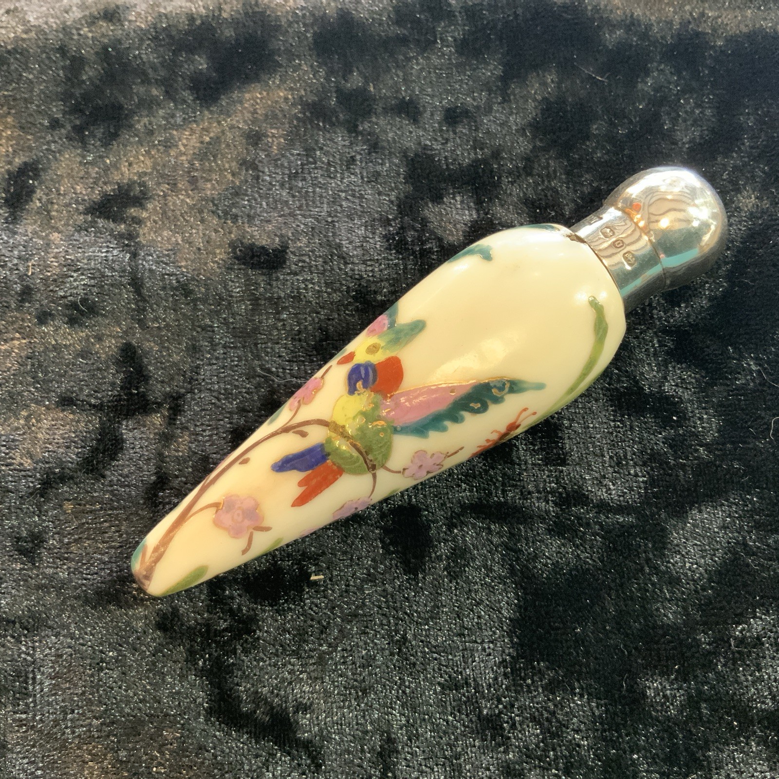 VINTAGE SILVER TOPPED FLORAL 18TH CENTURY SCENE CERAMIC PERFUME BOTTLE
