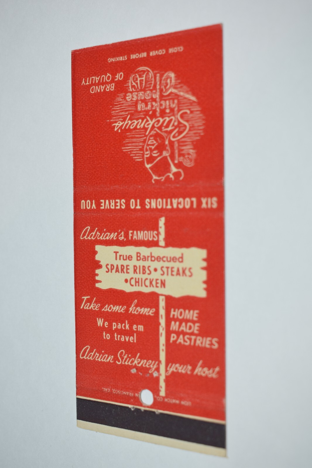 Stickney\'s Hickory House California 30 Strike Matchbook Cover