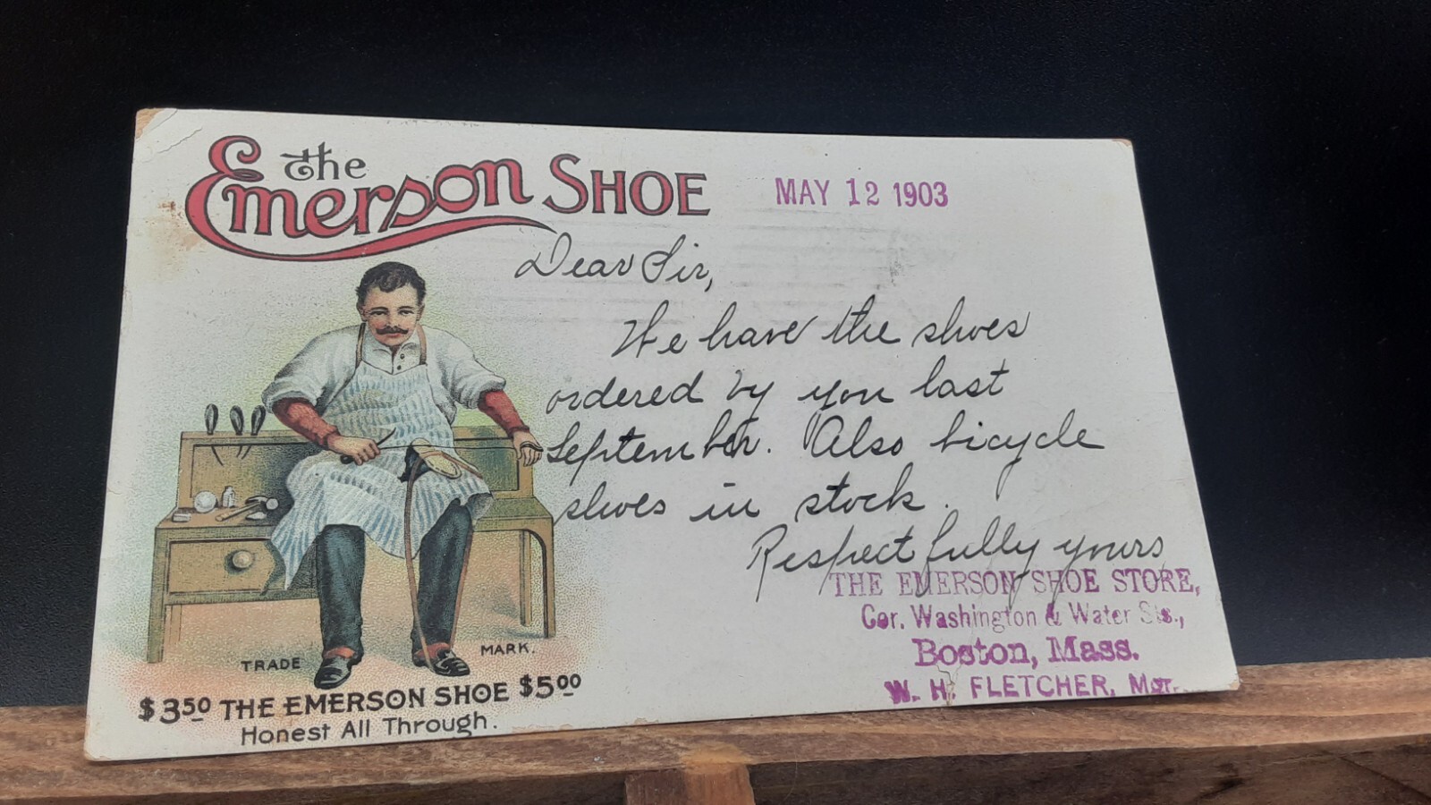 1903 Private Mailing Card EMERSON SHOE order 