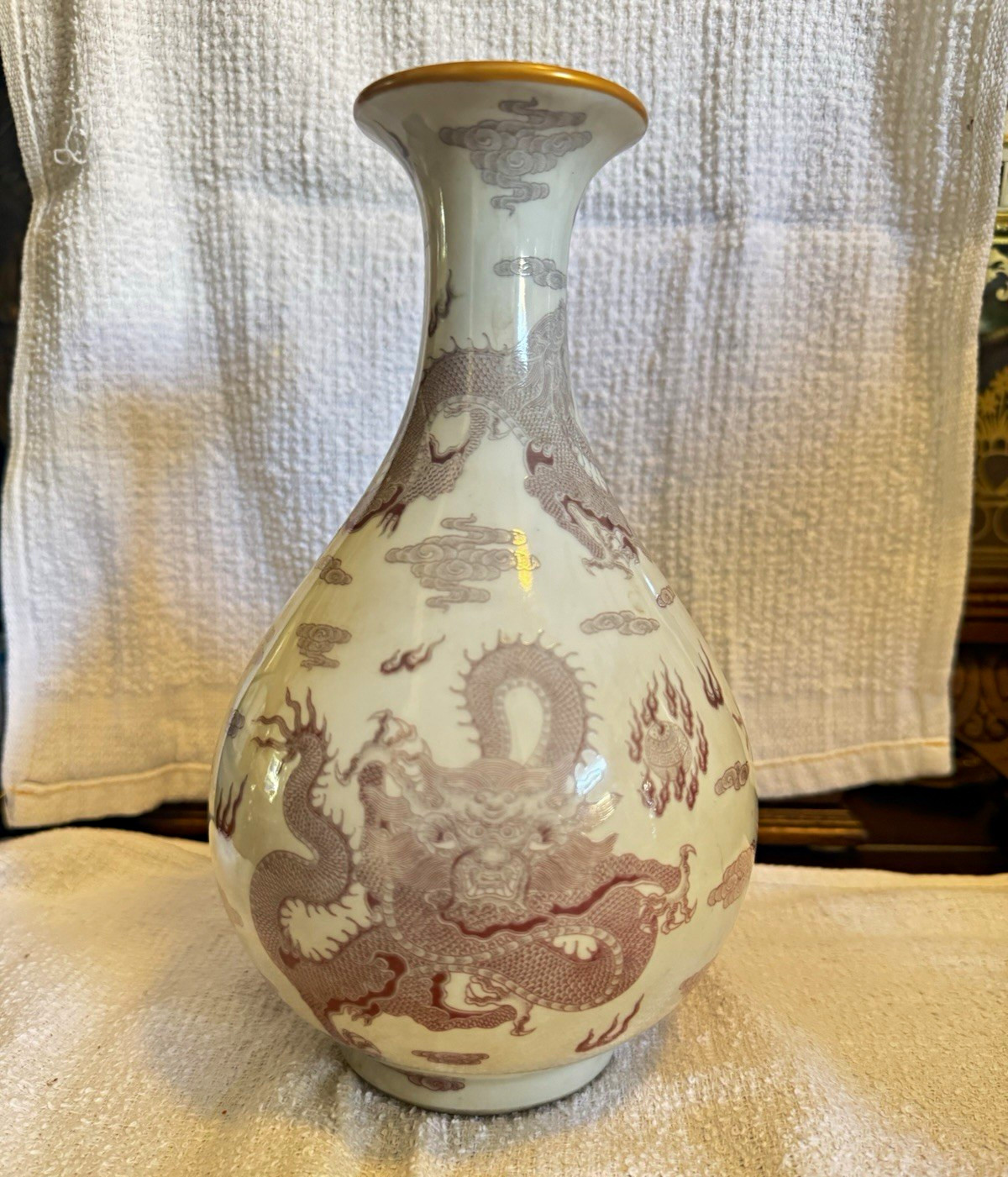 Chinese Dragon Porcelain Vase Yongzheng Yuzhi Mark Possibly Vintage Iron Red