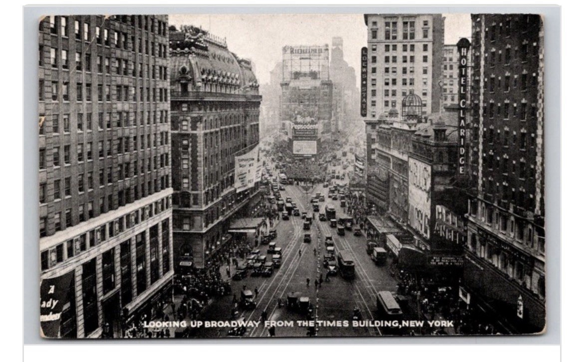 RPPC c1910s-20s NYC New York Times Square Broadway Hotel Claridge Cars People