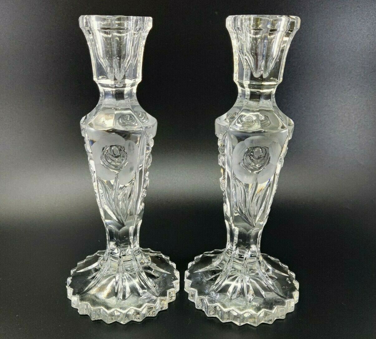 Pair of Hofbauer Germany Heavy Lead Crystal Cut Glass Candlesticks Etched Roses