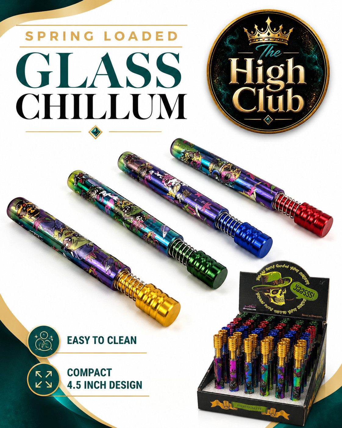 2 Pack Glass Chillum Pipe 4.5 Inch Spring Loaded One Hitter Tobacco Pipe