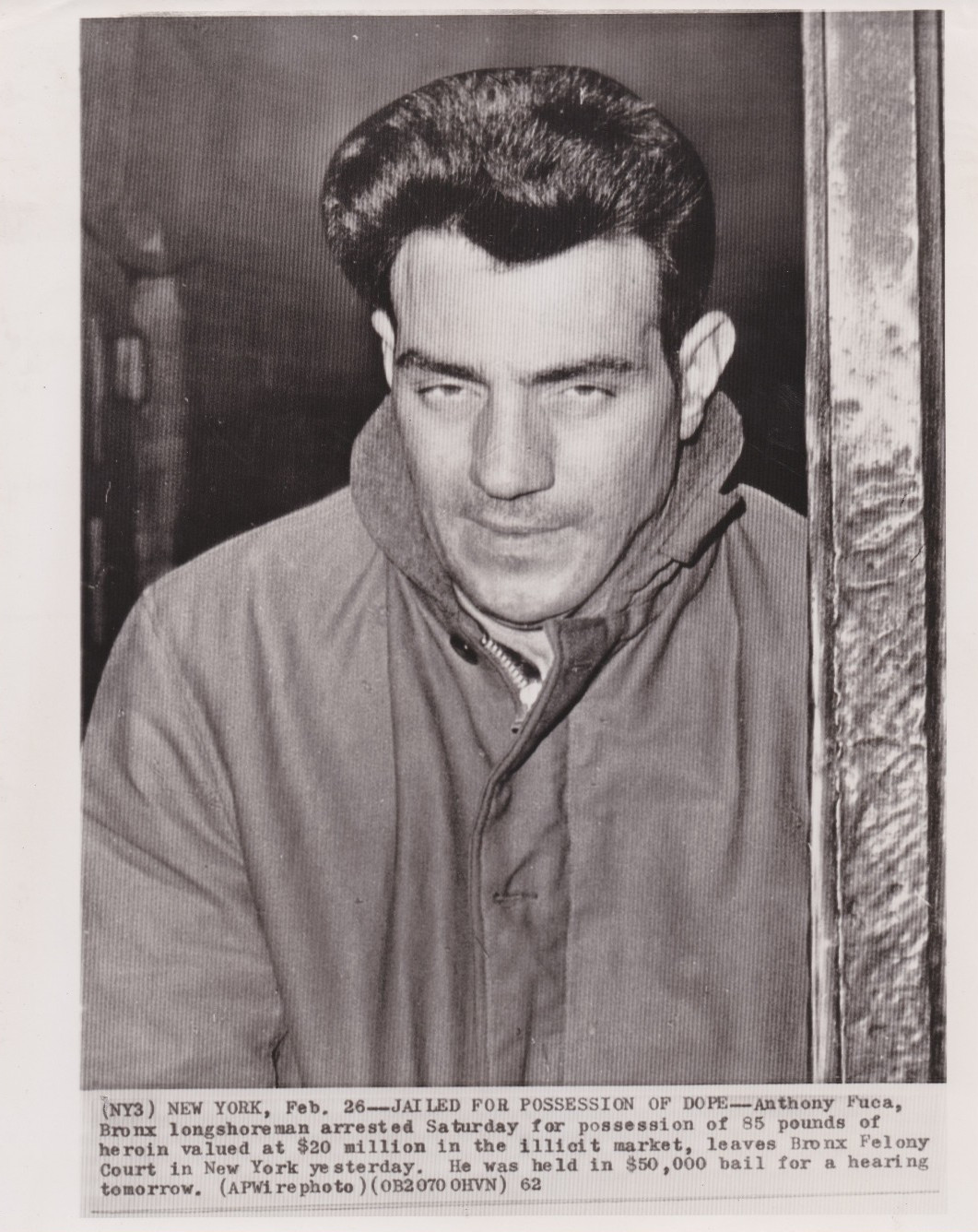 1962 Press Photo Mobster Anthony Fuca arrested with Heroin in New York